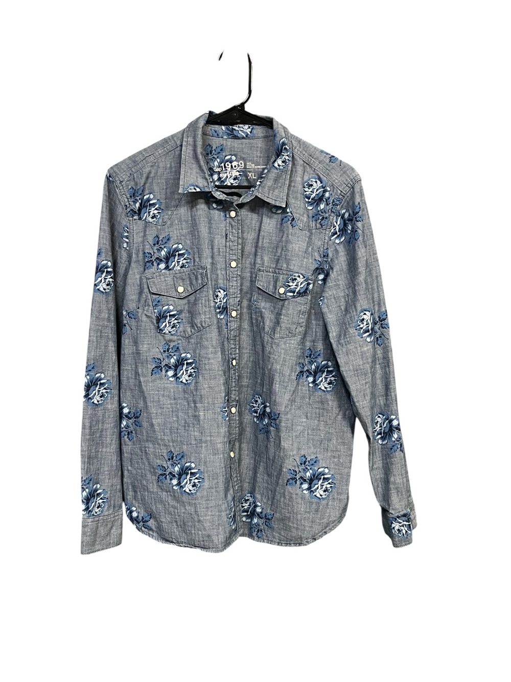 GAP 1969 XL Floral Rose Print Western Shirt Blue 100% Cotton 2014 Pearl Snap